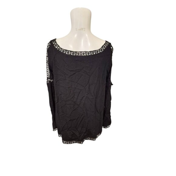 Luna Moon Boho Crochet Trim Top Cold Shoulder Tunic Scoop Neck Too Black Sz M/L - Picture 3 of 5